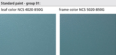 culoare standard Vopselele pentru aplicare in camp electrostatic, de interior, (grupa 01) turcoaz – nuanta deschisa pentru canat (NCS4020-B50G) si nuanta inchisa pentru toc (NCS5020-B50G). Tonurile pentru toc si canat sunt prezentate in imaginea din dreapta.