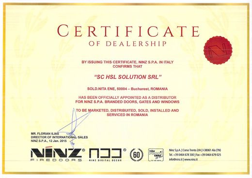 Certificat de dealership emis de NINZ S.p.A. pentru HSL Solutions, 12 ianuarie 2015