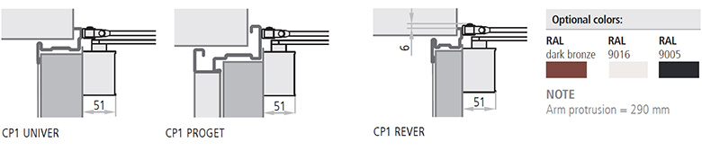 Amortizor CP1 la Rever, Univer si Proget Amortizorul CP1 poate fi folosit la usile antifoc si trecut in categoria deschiderilor de 180°, cu o forta de inchidere variind de la 3 la 4. Usile Proget comandate cu amortizor CP1 sunt furnizate prevazute cu gauri de instalare pe canat si pe toc. Usiles tandard Rever, Univer si Proget sunt ranforsate intern pentru aplicarea amortizorului CP1.