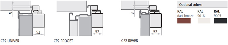 Amortizor CP2 la usile Rever, Univer si Proget Amortizorul CP2 este util la usile antifoc si clasificat cu unghi de deschidere de 180° cu forta de inchidere de nivel 4. Usile Proget comandate cu amortizorul CP2 sunt prevazute cu gauri de instalare pe canat si in toc. Usile standard Rever, Univer si Proget includ ranforsari intern pentru aplicatiile CP2.