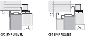 Usile Proget comandate cu amortizor CP2-EMF sunt prevazute cu gauri de instalare aplicate in canat si in toc. Usile standard Univer includ ranforsari intern pentru aplicatia CP2-EMF.